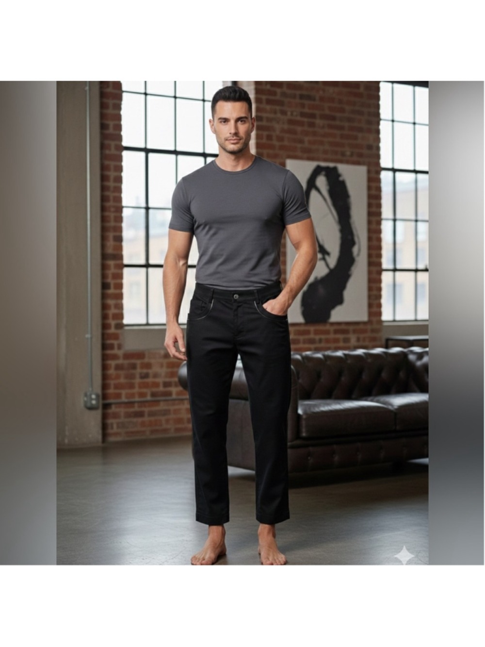 Versace Collection Trend Black Straight Fit Leather Trim Jeans Size 34/28